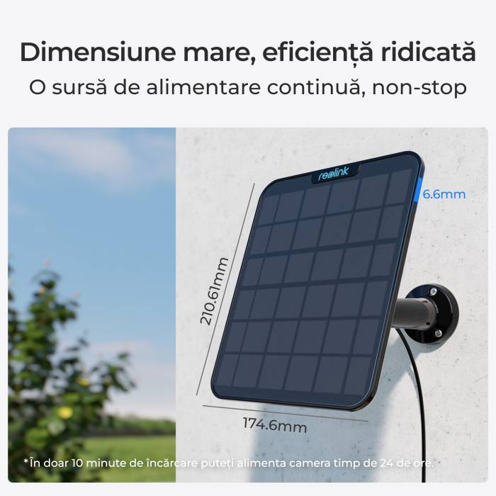 Panou solar Reolink 2 negru, Curea și cablu de conectare de 4 m, 6W, IP65, rezistent la intemperii, Compatibil cu camerele alimentate cu baterii, mufa USB-C