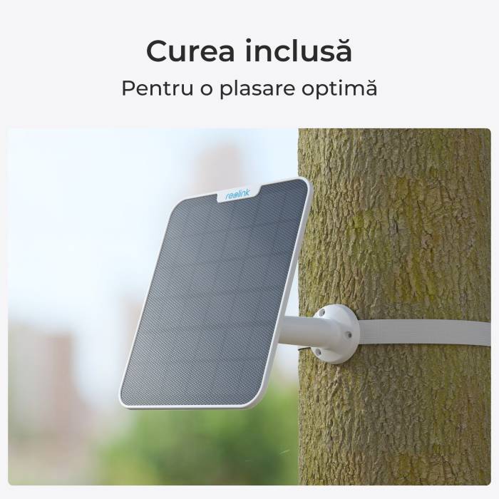 Panou solar Reolink 2 alb, Curea și cablu de conectare de 4 m, 6W, IP65, rezistent la intemperii, Compatibil cu camerele alimentate cu baterii, mufa USB-C