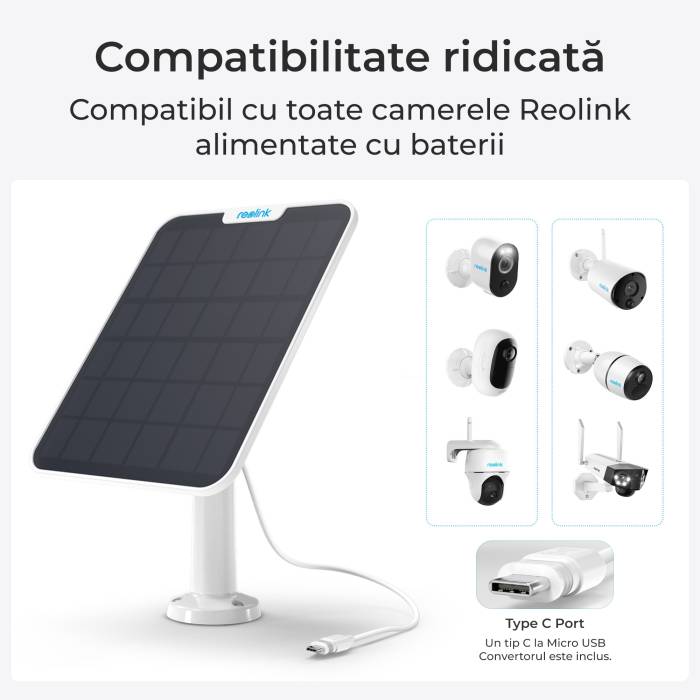 Panou solar Reolink 2 alb, Curea și cablu de conectare de 4 m, 6W, IP65, rezistent la intemperii, Compatibil cu camerele alimentate cu baterii, mufa USB-C