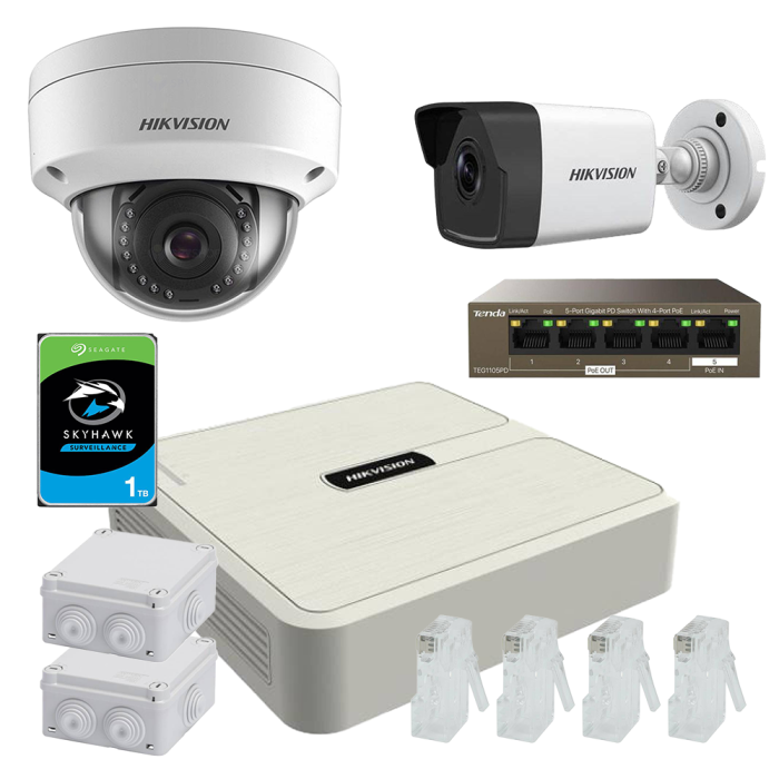 Kit 2 camere mixt ip Hikvision 2mp complet