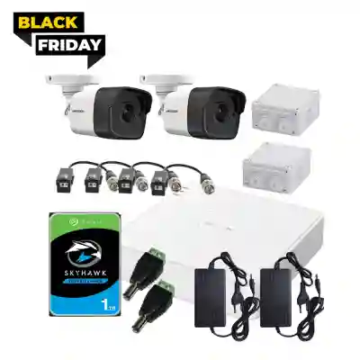 Kit 2 camere de exterior analog Hikvision 2MP complet 