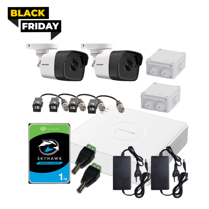 Kit 2 camere de exterior analog Hikvision 2MP complet 